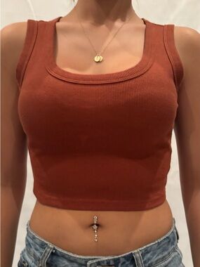 Ribbed Square Neck Crop Tank Top - Rust